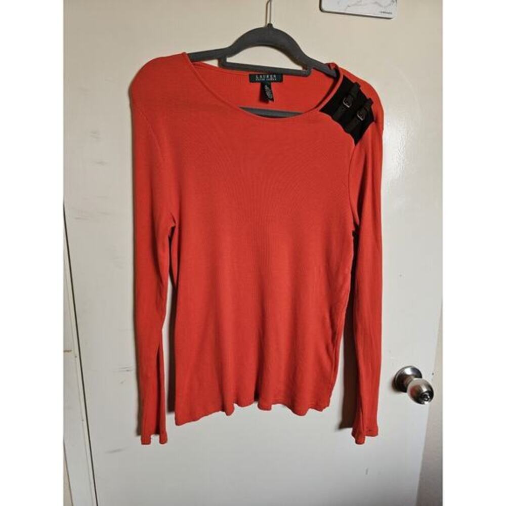 LRL Ralph Lauren Size XL Cotton Ballet-Neck Sweater Knit Pullover Buckle Orange‎